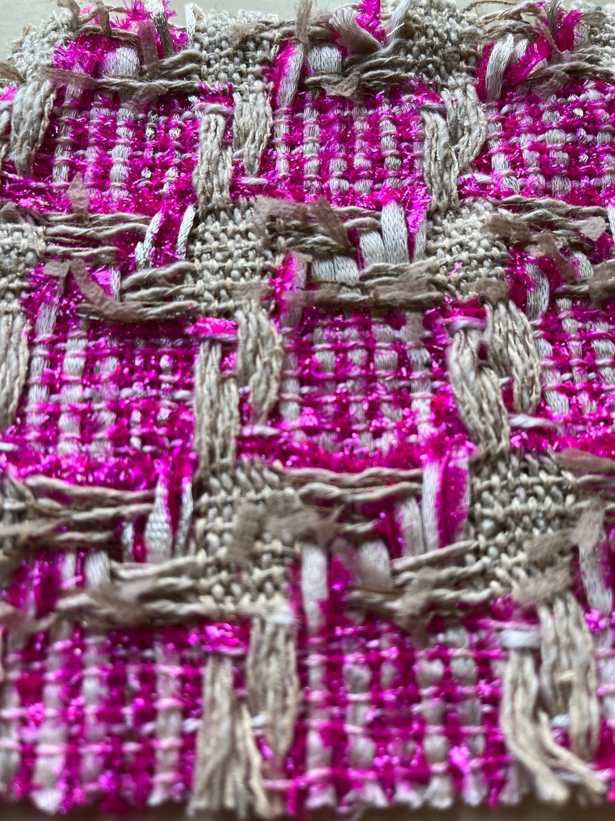 NEW High Class Metallic Hot Pink White Neutral Houndstooth Couture Tweed Boucle Fabric (Read Description)