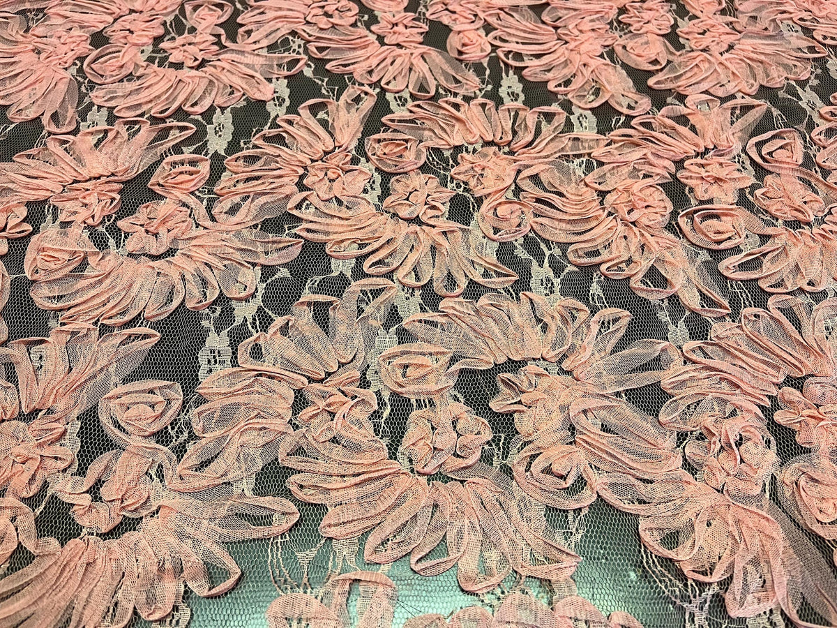 NEW High Class Salmon Pink Floral Lace Ribbon Tulle Fabric