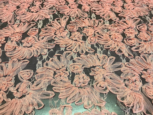 NEW High Class Salmon Pink Floral Lace Ribbon Tulle Fabric
