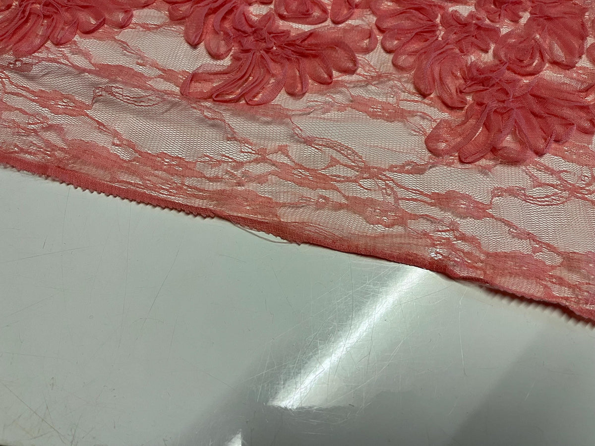 NEW High Class Salmon Pink Floral Lace Ribbon Tulle Fabric