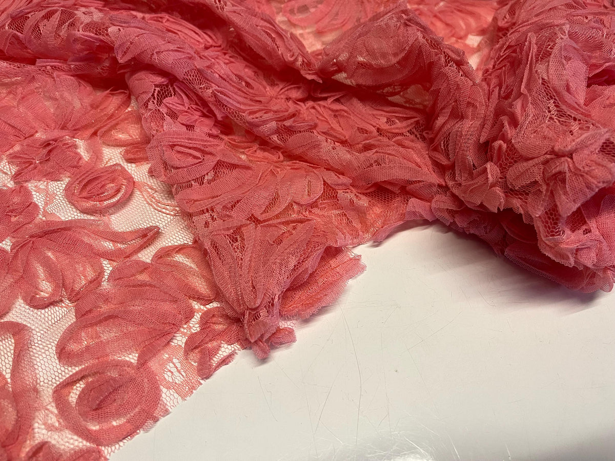 NEW High Class Salmon Pink Floral Lace Ribbon Tulle Fabric