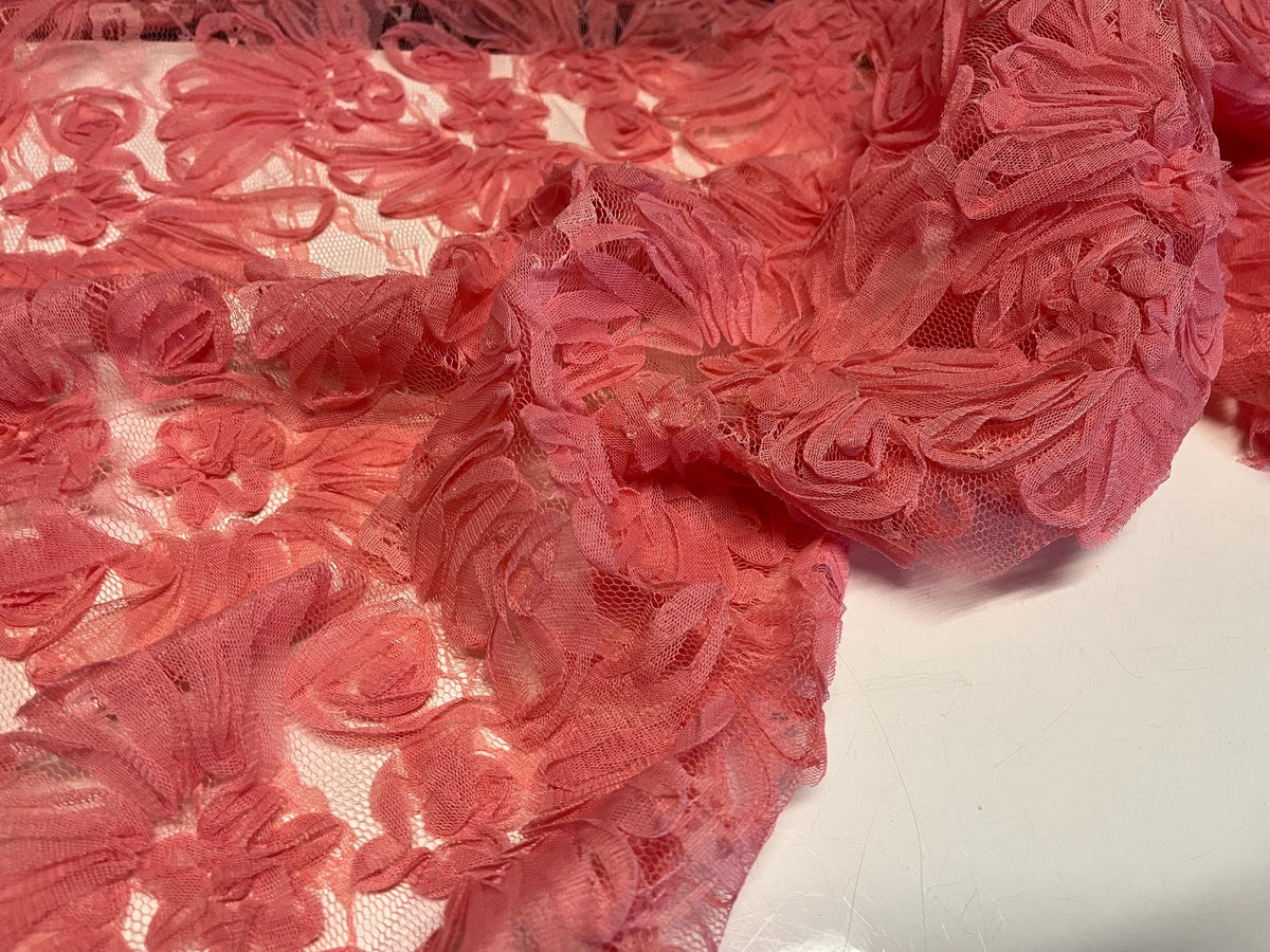 NEW High Class Salmon Pink Floral Lace Ribbon Tulle Fabric