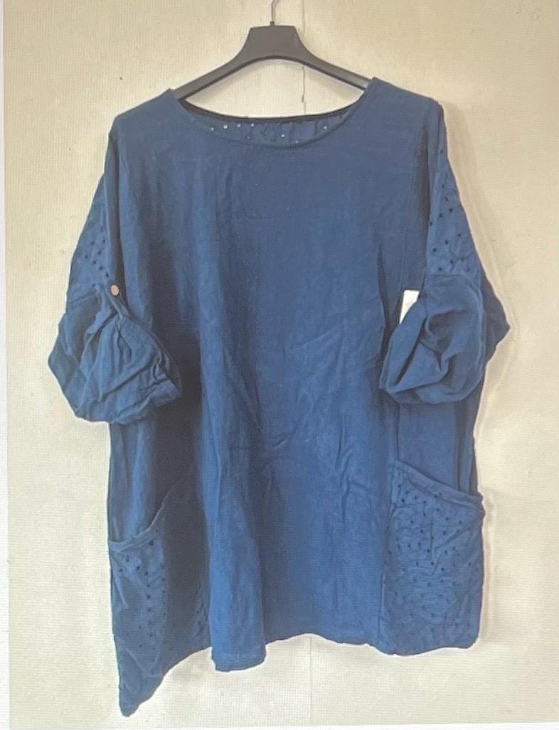 New Italian Women’s Cotton Stretch Broderie Anglaise Pocket Blouse, Top, Casual Top Made In Italy FREE Shipping Worldwide (Read Description)