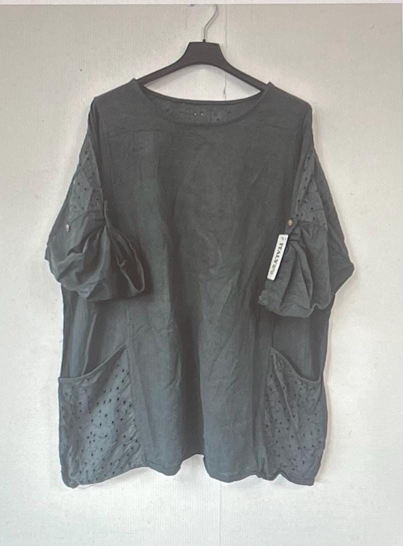 New Italian Women’s Cotton Stretch Broderie Anglaise Pocket Blouse, Top, Casual Top Made In Italy FREE Shipping Worldwide (Read Description)