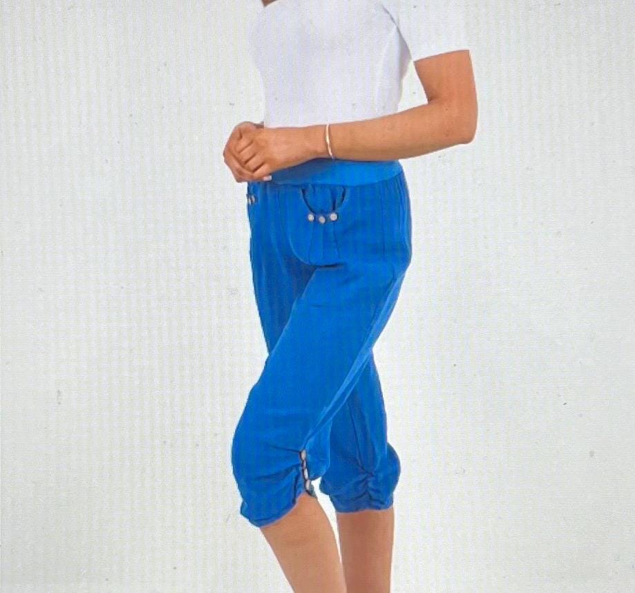 Candy Colours Elastic Waist 100% Linen Women's Button Capri Trousers, Pants, Casual Trousers, Made In Italy FREE Postage Worldwide (See Desc