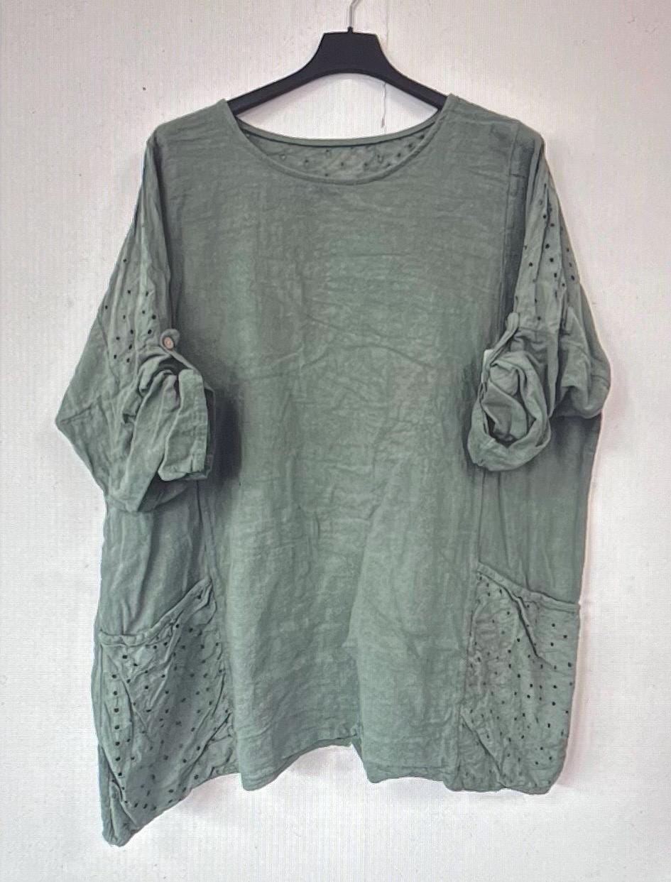 New Italian Women’s Cotton Stretch Broderie Anglaise Pocket Blouse, Top, Casual Top Made In Italy FREE Shipping Worldwide (Read Description)