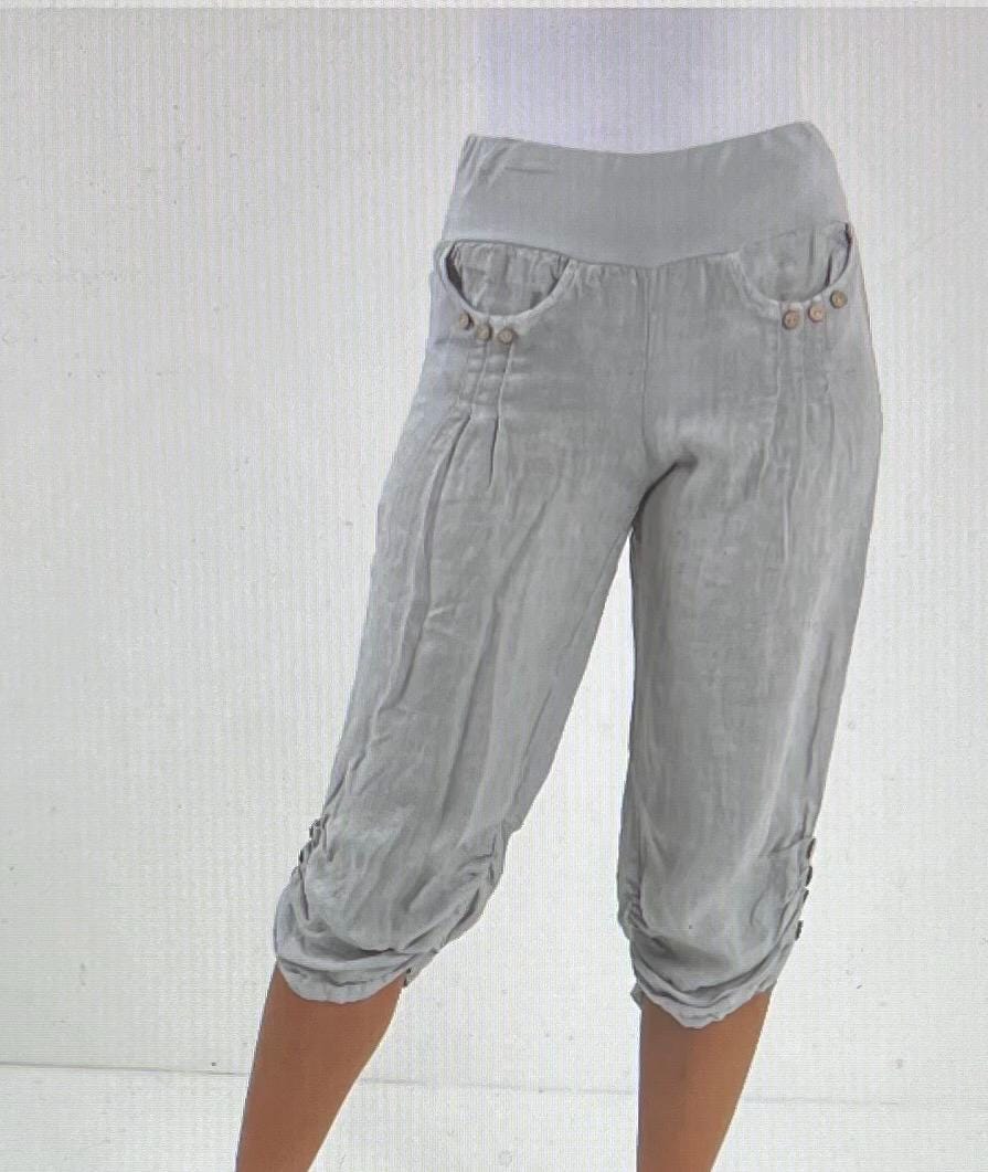 Candy Colours Elastic Waist 100% Linen Women's Button Capri Trousers, Pants, Casual Trousers, Made In Italy FREE Postage Worldwide (See Desc