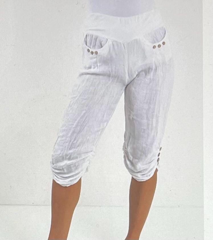 Candy Colours Elastic Waist 100% Linen Women's Button Capri Trousers, Pants, Casual Trousers, Made In Italy FREE Postage Worldwide (See Desc
