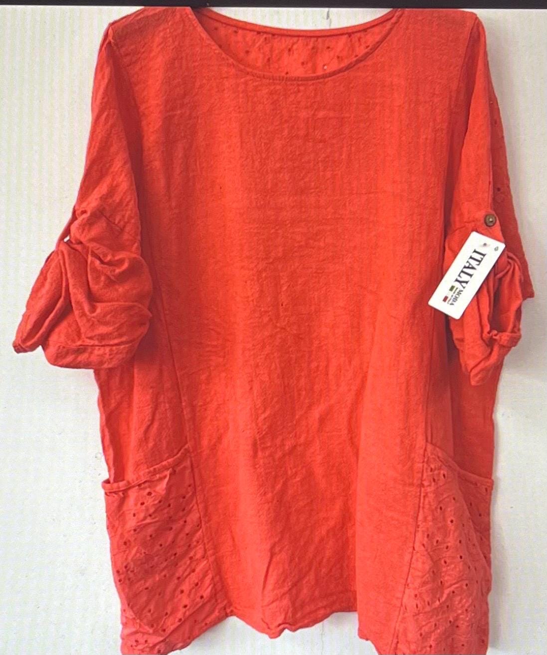 New Italian Women’s Cotton Stretch Broderie Anglaise Pocket Blouse, Top, Casual Top Made In Italy FREE Shipping Worldwide (Read Description)