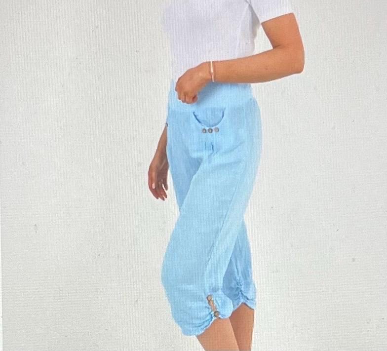 Candy Colours Elastic Waist 100% Linen Women's Button Capri Trousers, Pants, Casual Trousers, Made In Italy FREE Postage Worldwide (See Desc