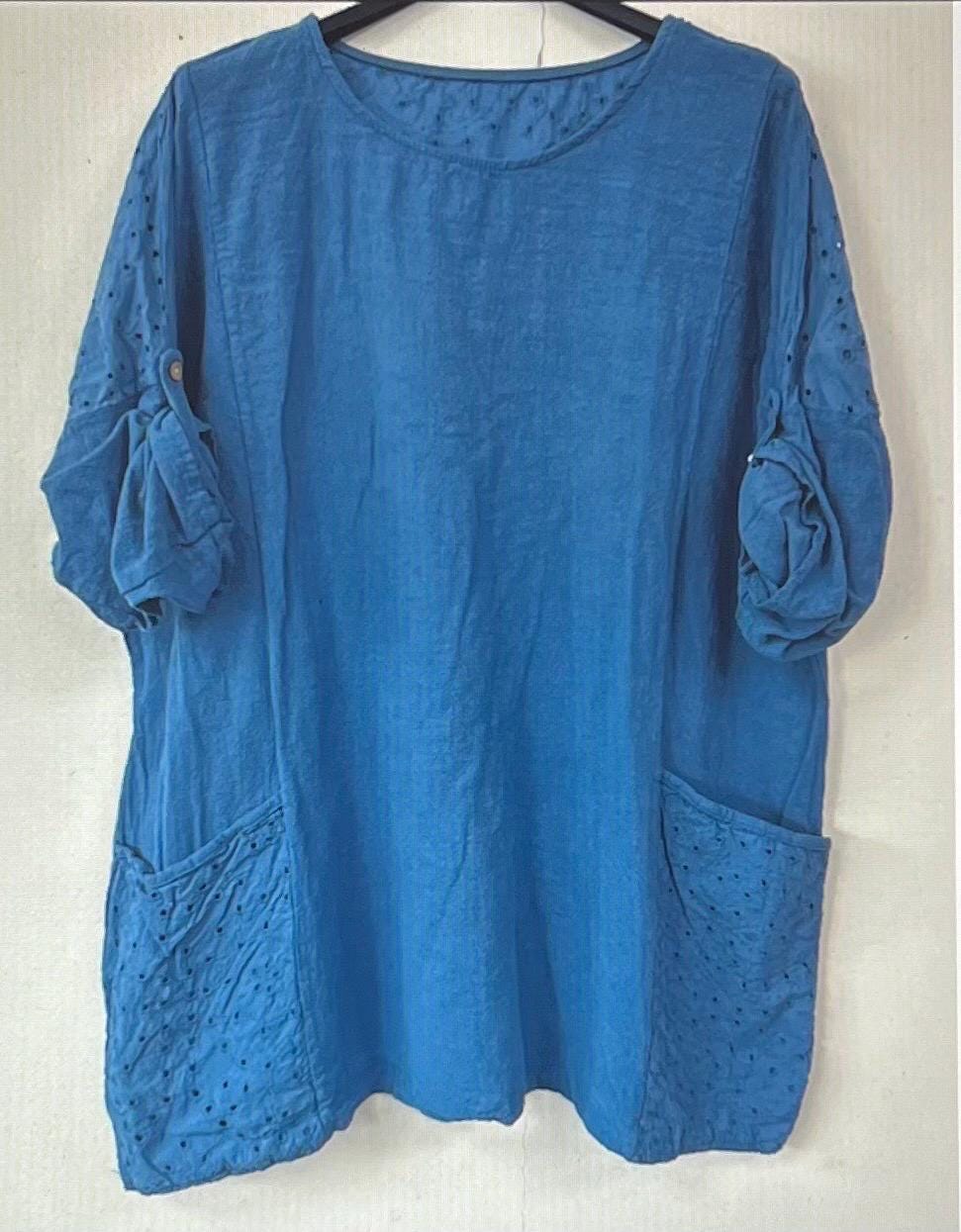 New Italian Women’s Cotton Stretch Broderie Anglaise Pocket Blouse, Top, Casual Top Made In Italy FREE Shipping Worldwide (Read Description)