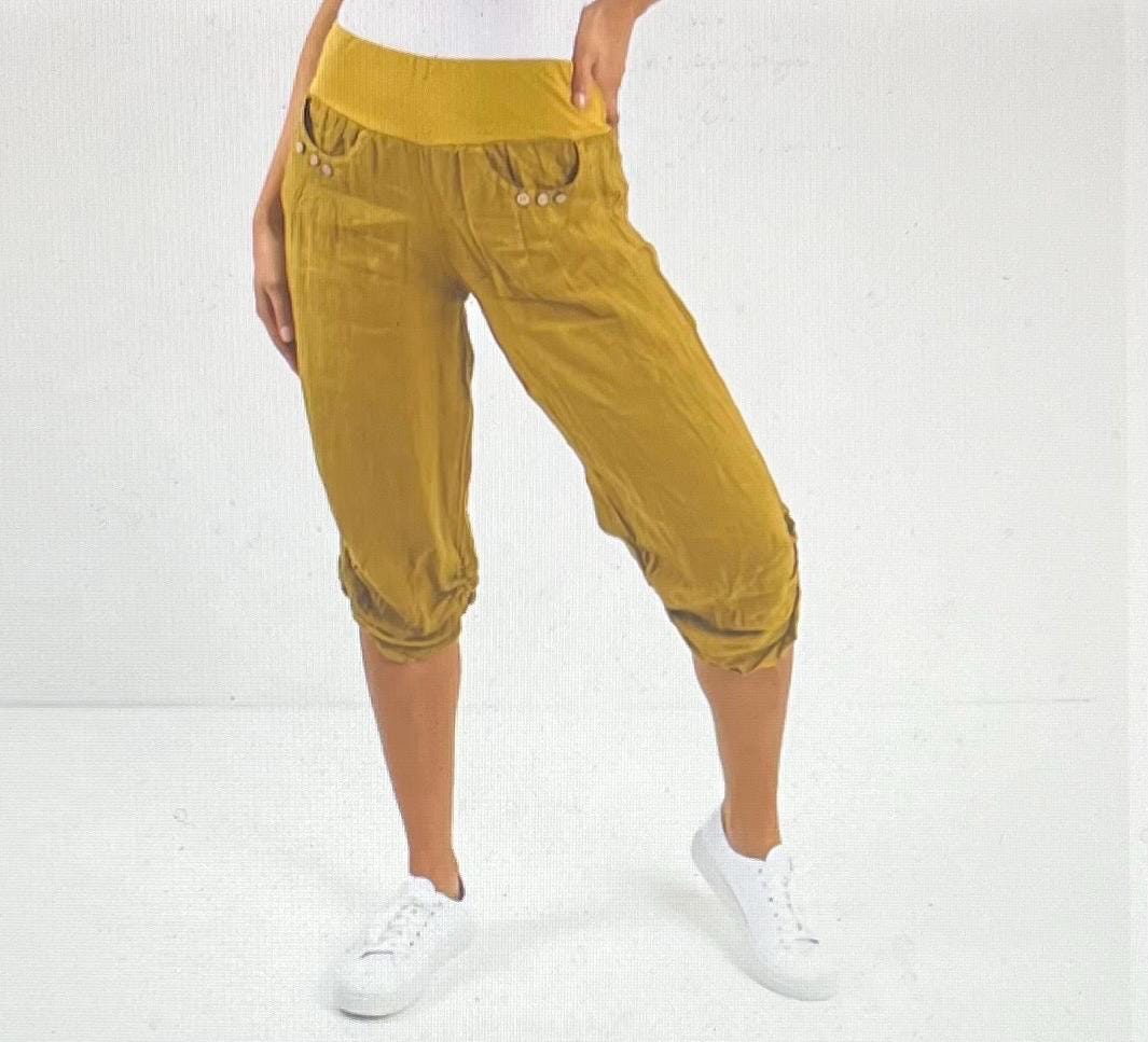 Candy Colours Elastic Waist 100% Linen Women's Button Capri Trousers, Pants, Casual Trousers, Made In Italy FREE Postage Worldwide (See Desc