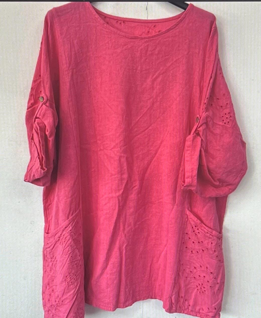 New Italian Women’s Cotton Stretch Broderie Anglaise Pocket Blouse, Top, Casual Top Made In Italy FREE Shipping Worldwide (Read Description)