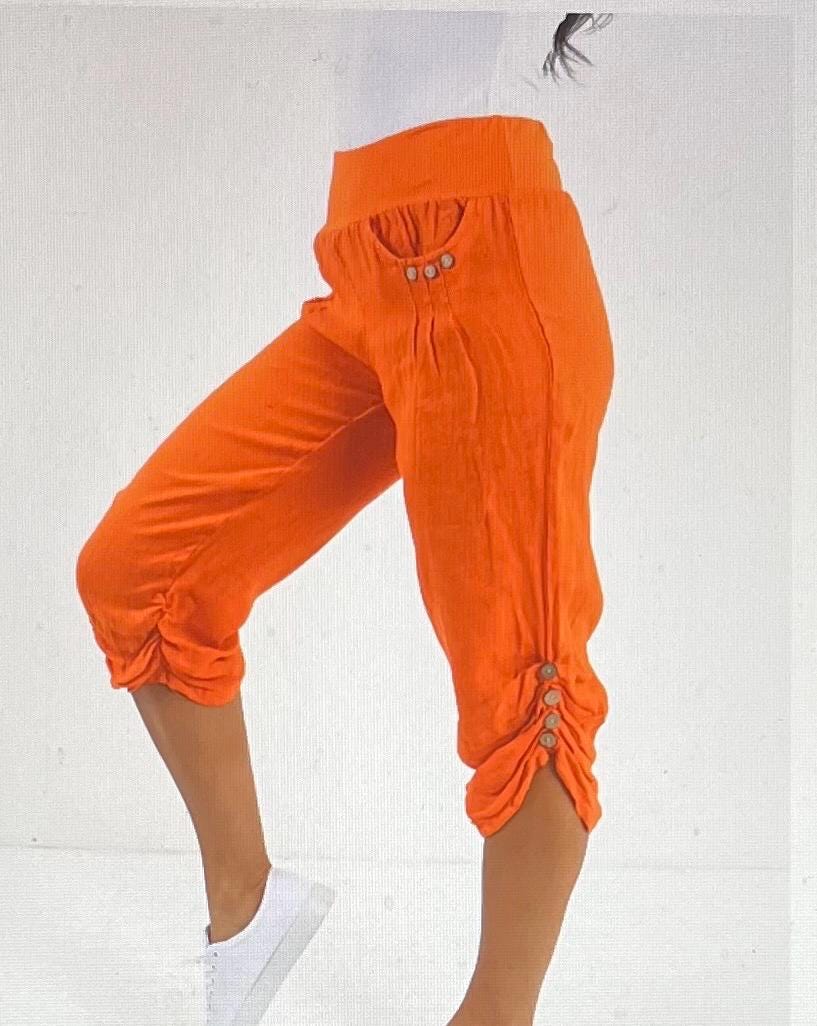 Candy Colours Elastic Waist 100% Linen Women's Button Capri Trousers, Pants, Casual Trousers, Made In Italy FREE Postage Worldwide (See Desc
