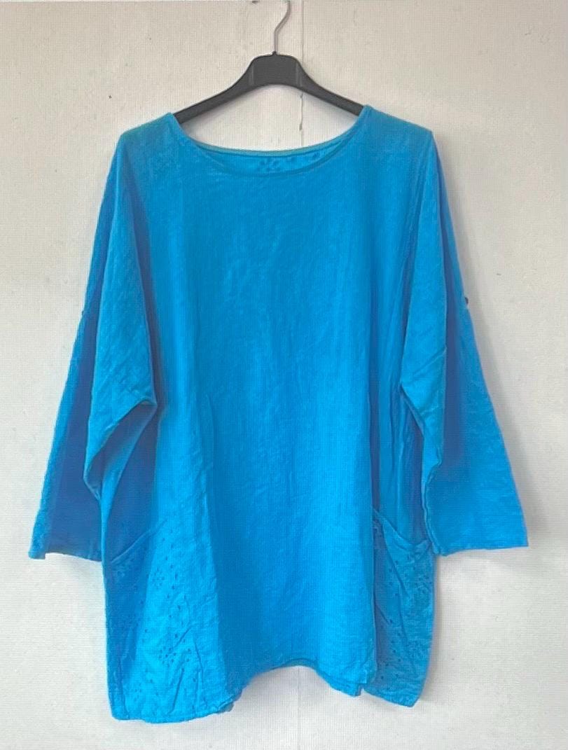 New Italian Women’s Cotton Stretch Broderie Anglaise Pocket Blouse, Top, Casual Top Made In Italy FREE Shipping Worldwide (Read Description)
