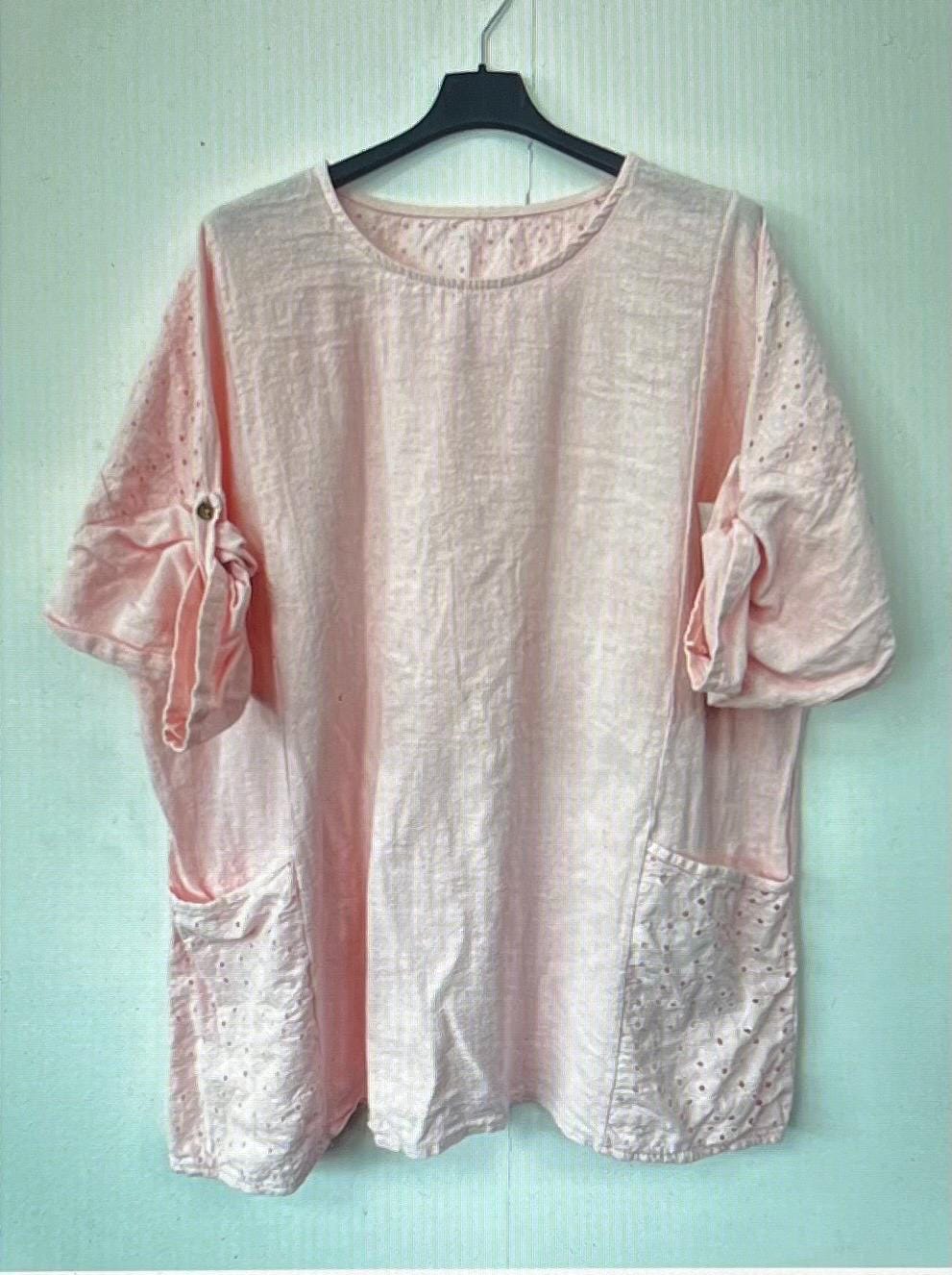 New Italian Women’s Cotton Stretch Broderie Anglaise Pocket Blouse, Top, Casual Top Made In Italy FREE Shipping Worldwide (Read Description)