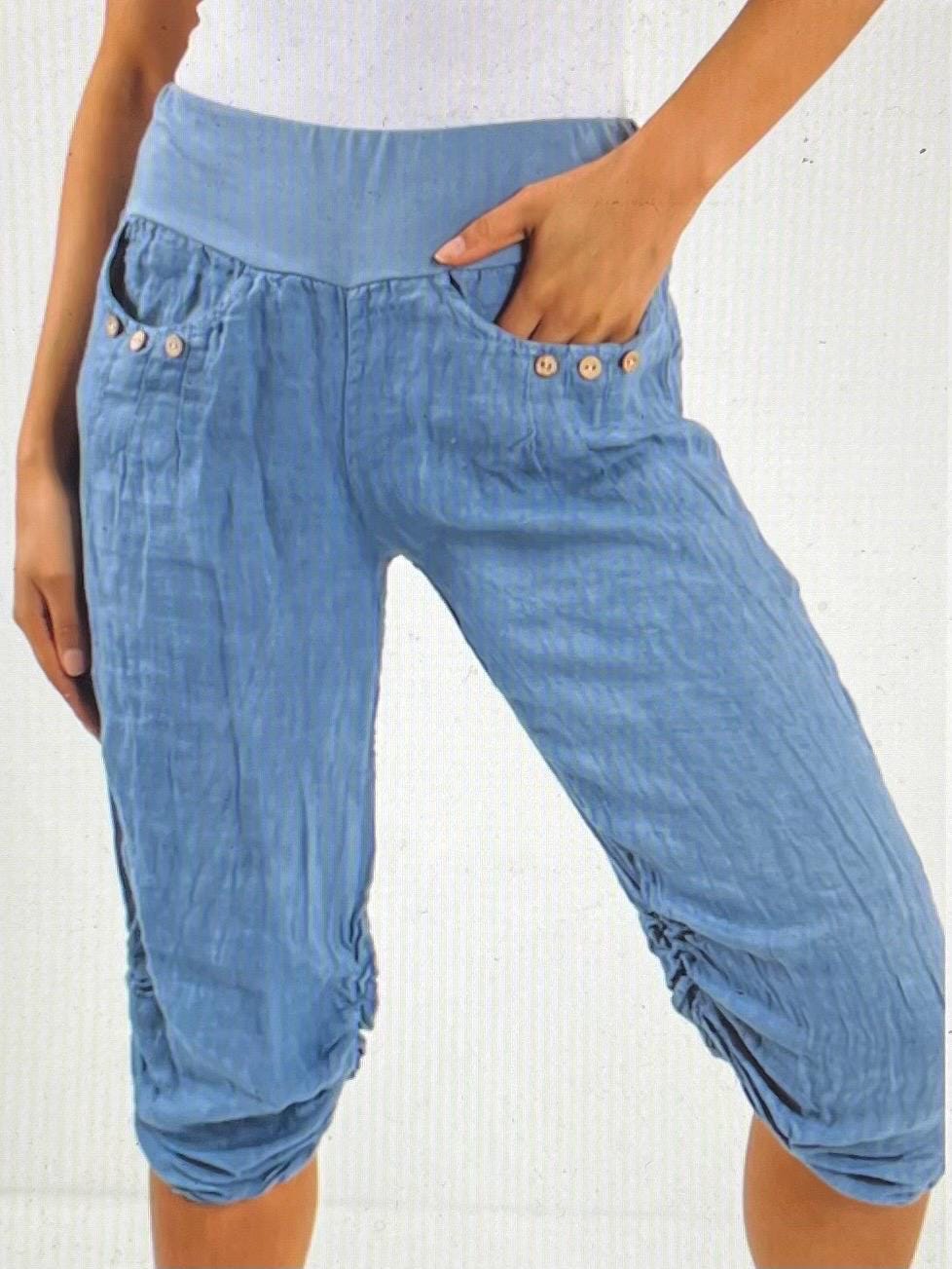 Candy Colours Elastic Waist 100% Linen Women's Button Capri Trousers, Pants, Casual Trousers, Made In Italy FREE Postage Worldwide (See Desc