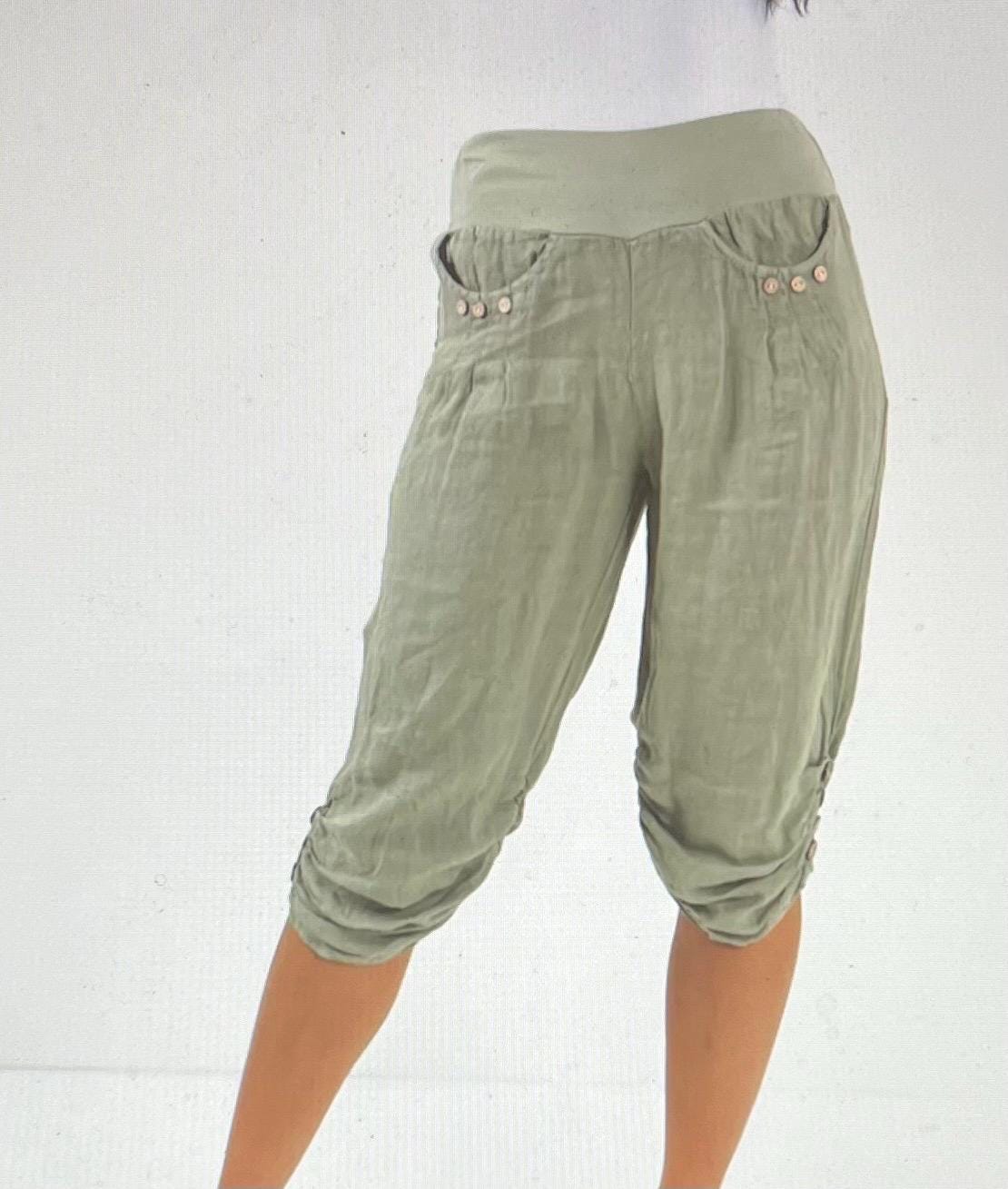 Candy Colours Elastic Waist 100% Linen Women's Button Capri Trousers, Pants, Casual Trousers, Made In Italy FREE Postage Worldwide (See Desc