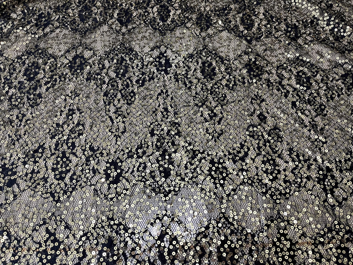 NEW High Class Black Floral Lace Gold Sequins Fabric