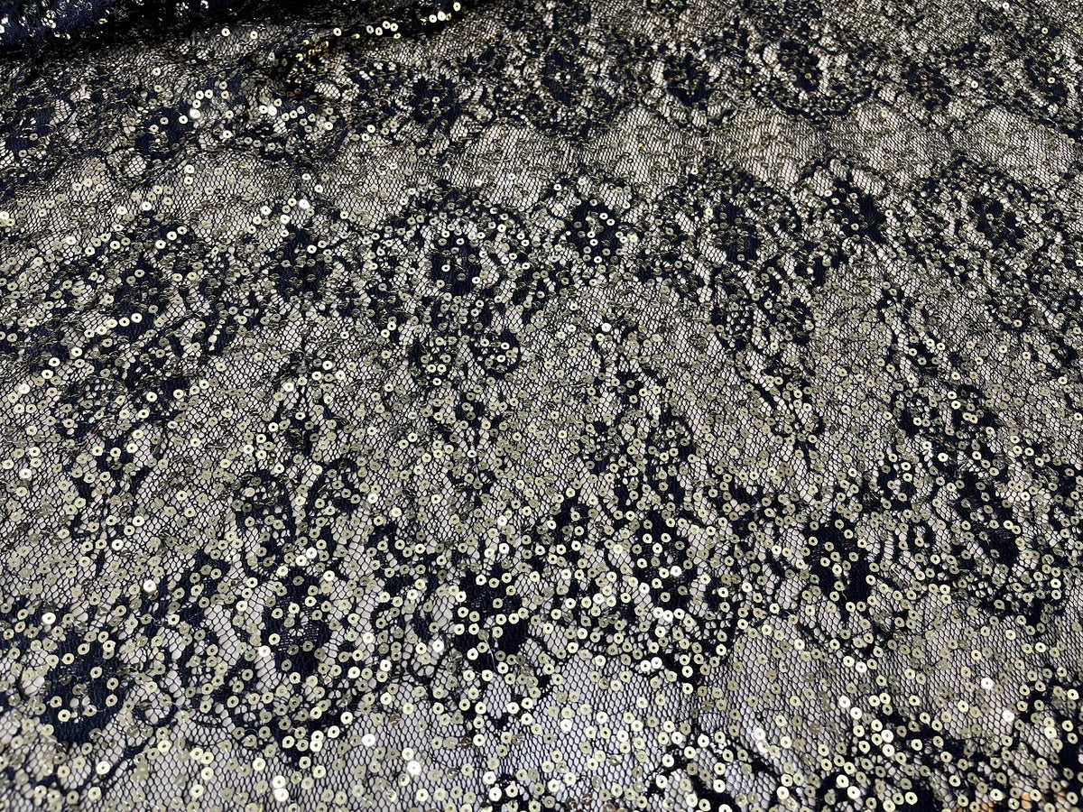 NEW High Class Black Floral Lace Gold Sequins Fabric