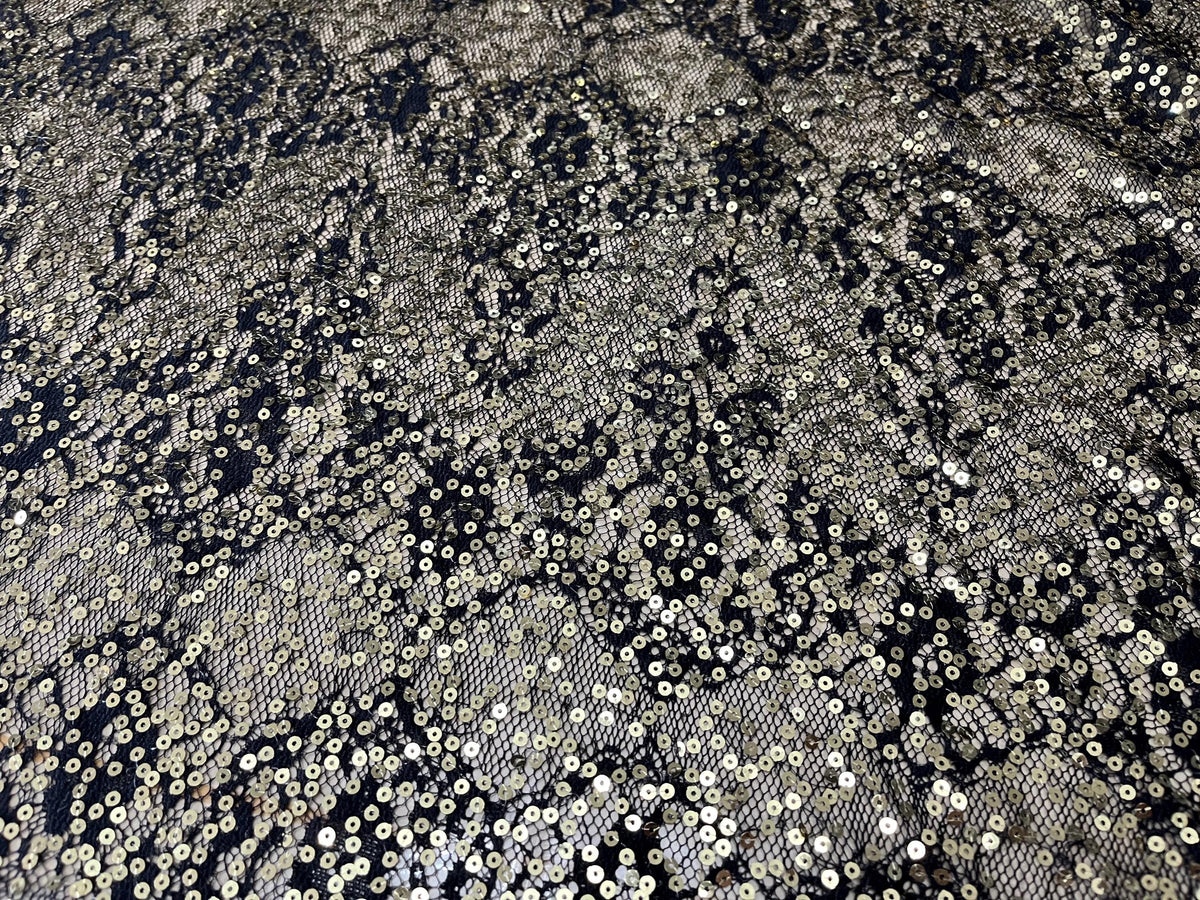 NEW High Class Black Floral Lace Gold Sequins Fabric