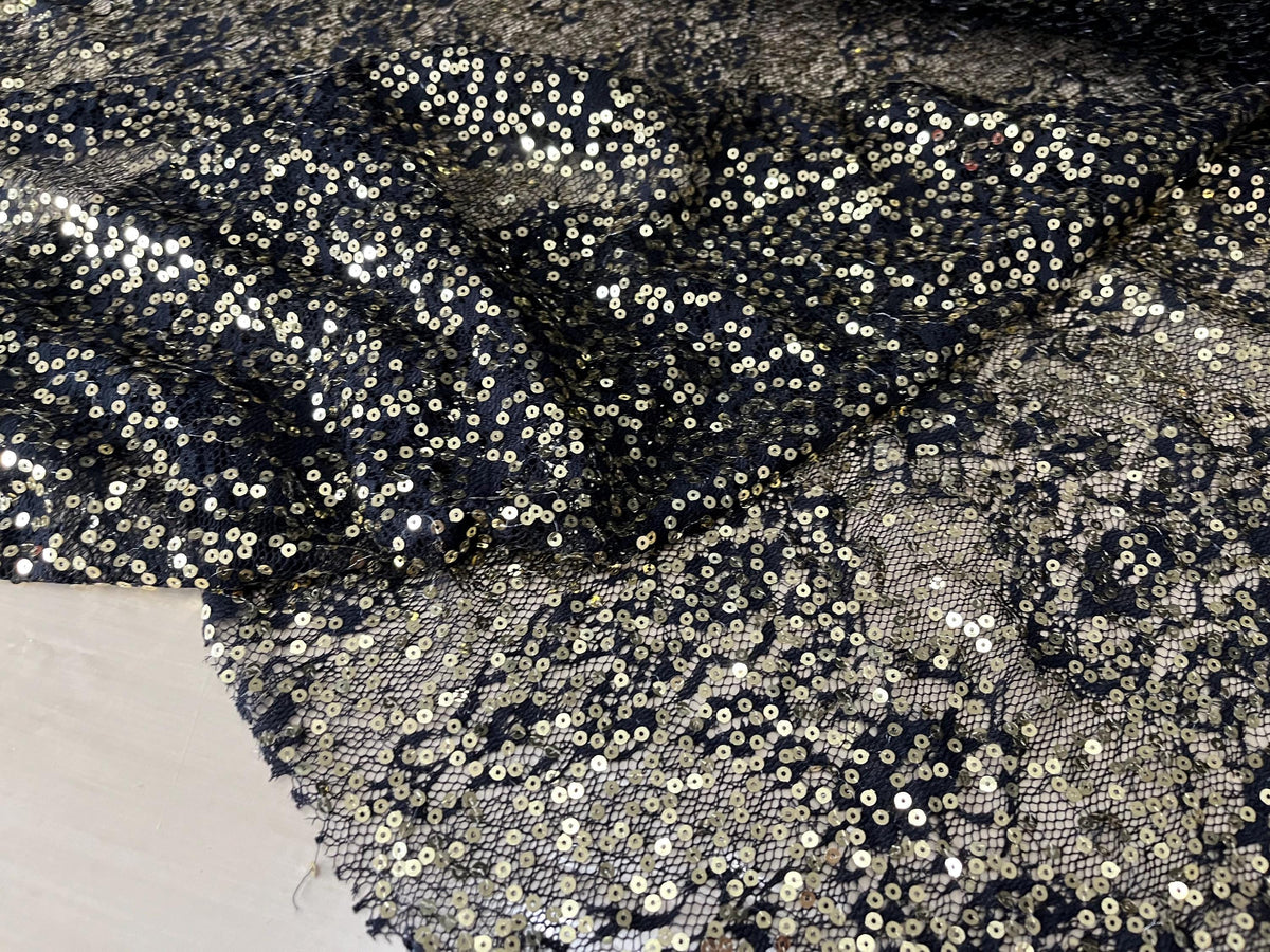 NEW High Class Black Floral Lace Gold Sequins Fabric