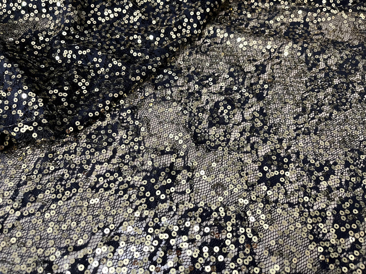 NEW High Class Black Floral Lace Gold Sequins Fabric