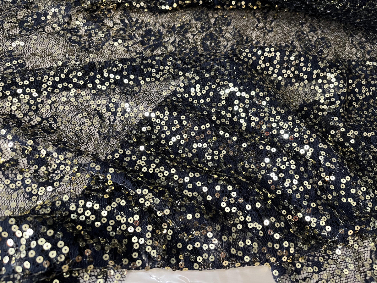 NEW High Class Black Floral Lace Gold Sequins Fabric