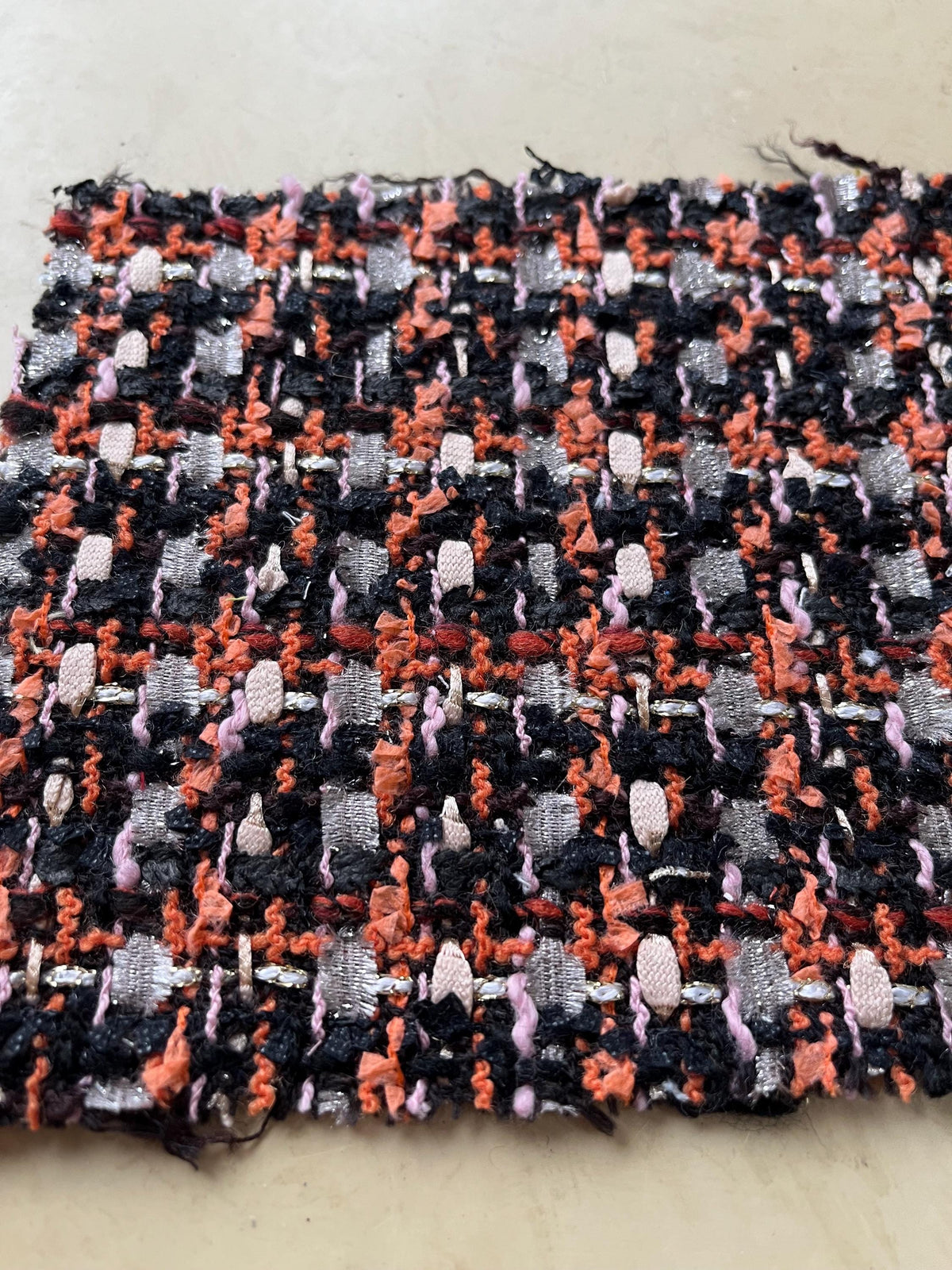 NEW High Class Burnt Orange Metallic Silver White Gold Black Wool Silk Couture Tweed Boucle Fabric (Read Description)