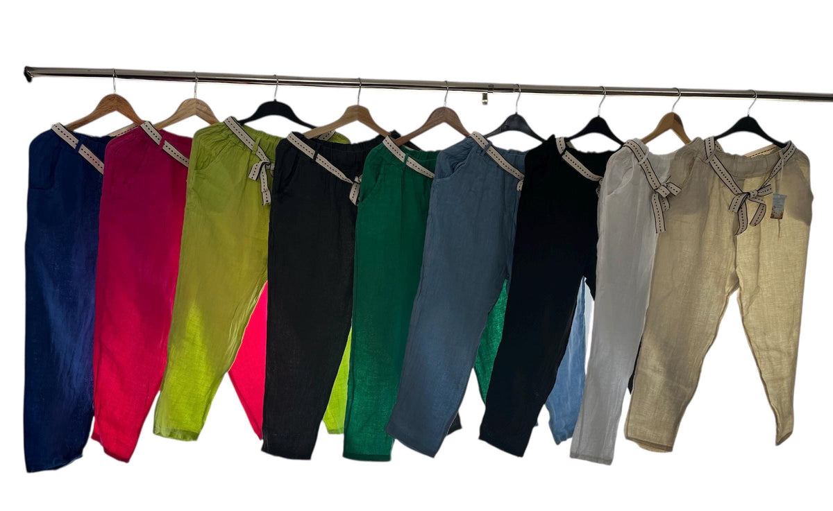 NEW All Year Round Elastic Waist Belted 100% Linen Women's Trousers Pants Summer/Winter Made In Italy (See Description)