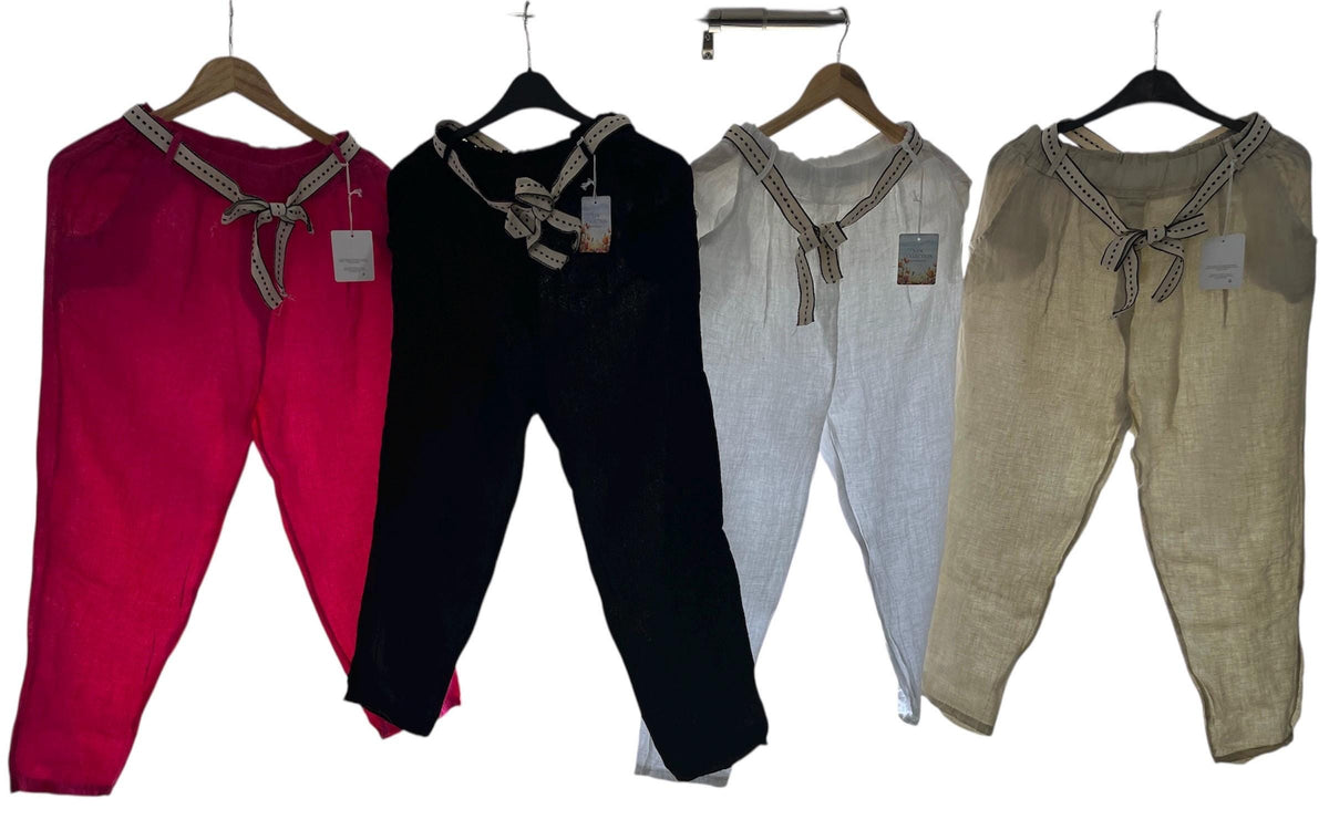 NEW All Year Round Elastic Waist Belted 100% Linen Women's Trousers Pants Summer/Winter Made In Italy (See Description)