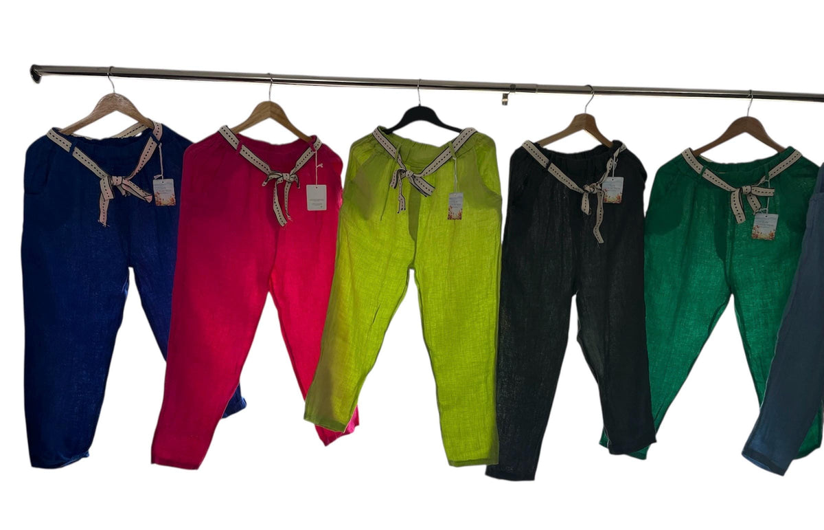 NEW All Year Round Elastic Waist Belted 100% Linen Women's Trousers Pants Summer/Winter Made In Italy (See Description)