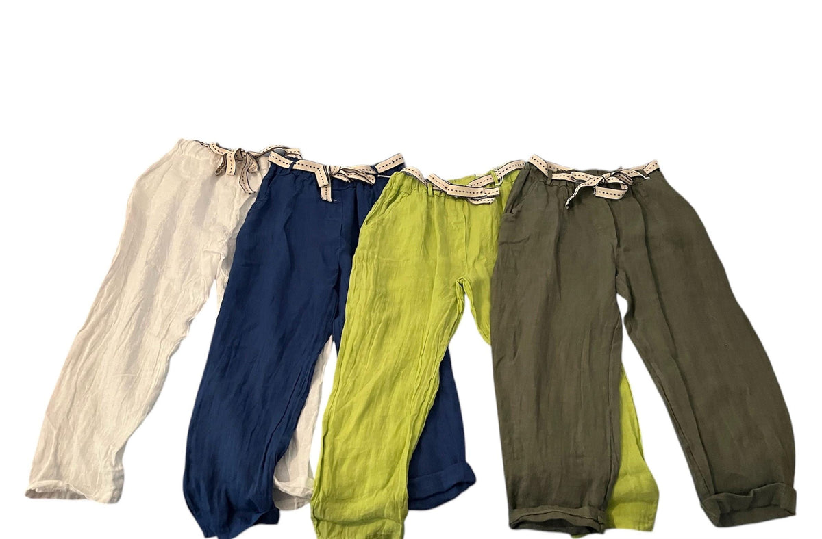 NEW All Year Round Elastic Waist Belted 100% Linen Women's Trousers Pants Summer/Winter Made In Italy (See Description)