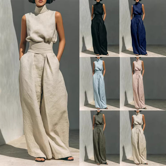 Casual Sleeveless Suit Summer Stand-up Collar Pullover Top And Loose Straight-leg Trousers Women's Clothing + 🚚 Free Worldwide Shipping 🎉 Extra 30% OFF At Checkout