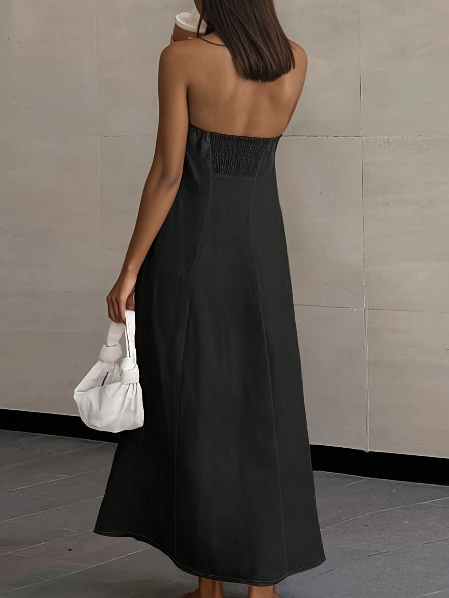 2026 NEW SUMMER Linen Women's High-Waisted Strapless Backless Patchwork Pocket Dress Lightweight Casual Vacation Dress With Smooth Texture, Solid Color Long Dress For Summer + 🚚 Free Worldwide Shipping