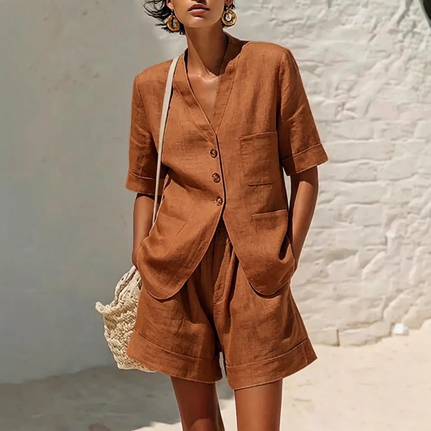 Women’s Cotton Linen Two-Piece Set – Loose Fit Summer Outfit, Breathable Matching Top & Cropped Pants + 🚚 Free Worldwide Shipping 🎉 Extra 30% OFF at Checkout