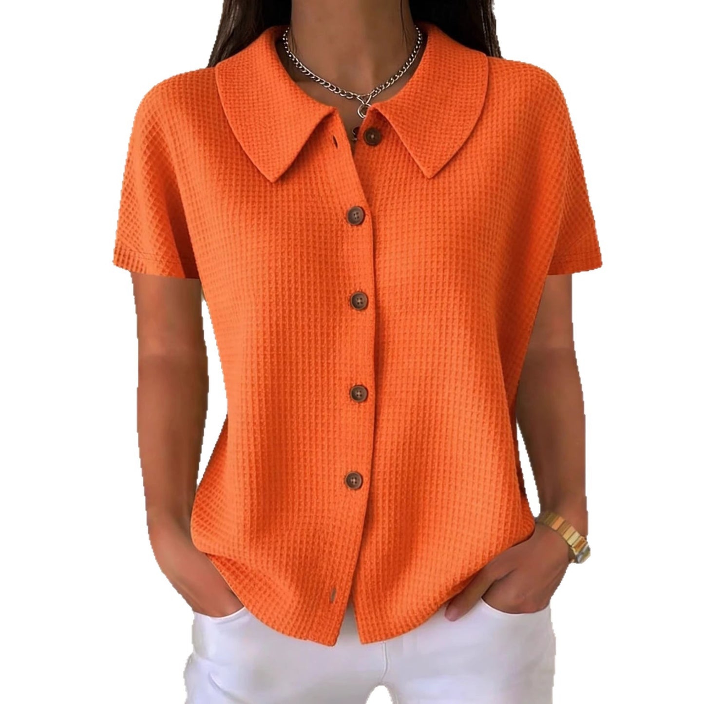 Turn-Down Collar Waffle Weave Solid Color Casual Loose Fit Short Sleeve Shirt - Women's Cotton Blend Lightweight Summer Top For Daily Wear + 🚚 Free Worldwide Shipping 🎉 Extra 30% OFF At Checkout