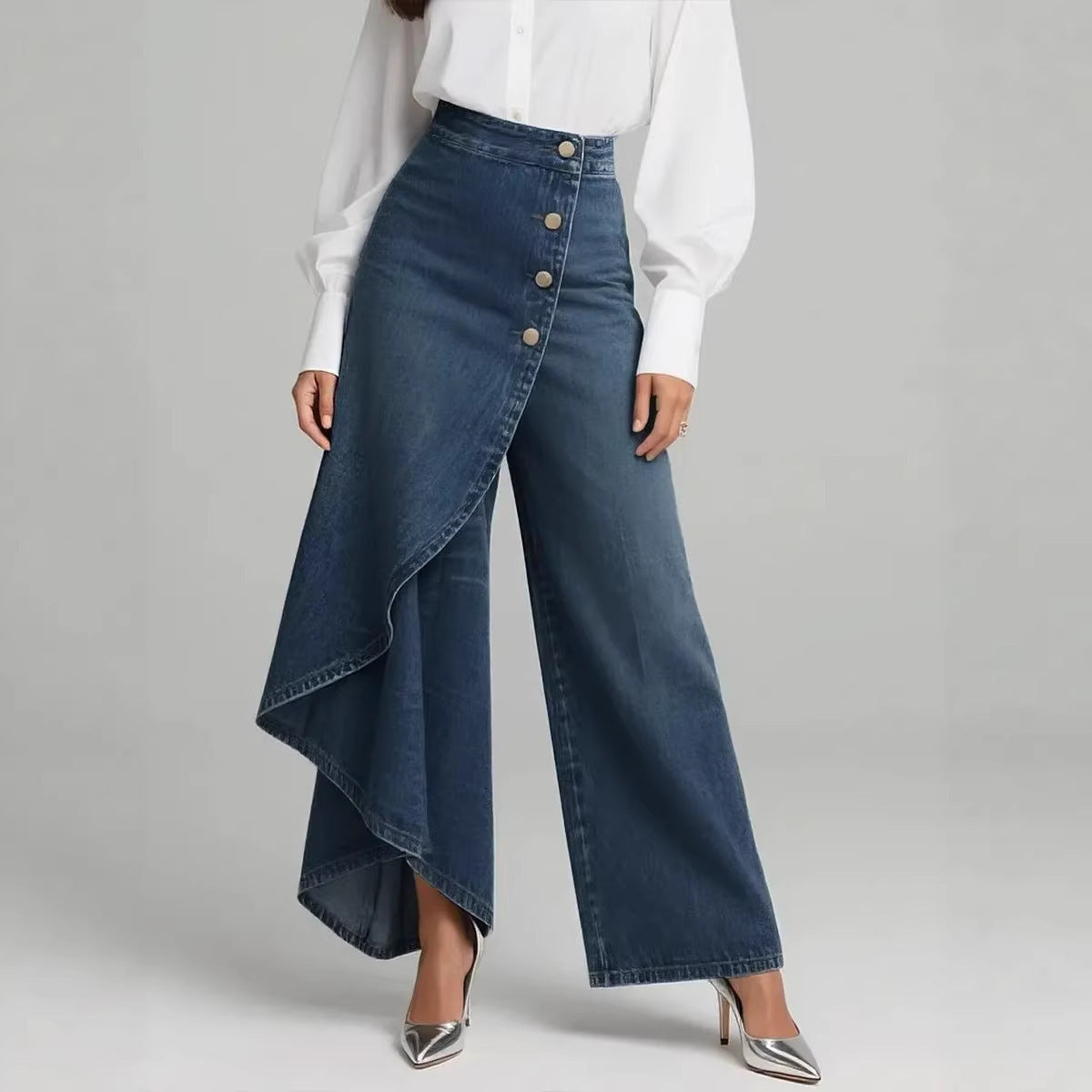 Women’s High-Waisted Straight Leg Faux Denim Pants – Ruffle Button Wide-Leg Trousers | Trendy Streetwear Jeans Alternative + 🚚 Free Worldwide Shipping 🎉 Extra 30% OFF At Checkout