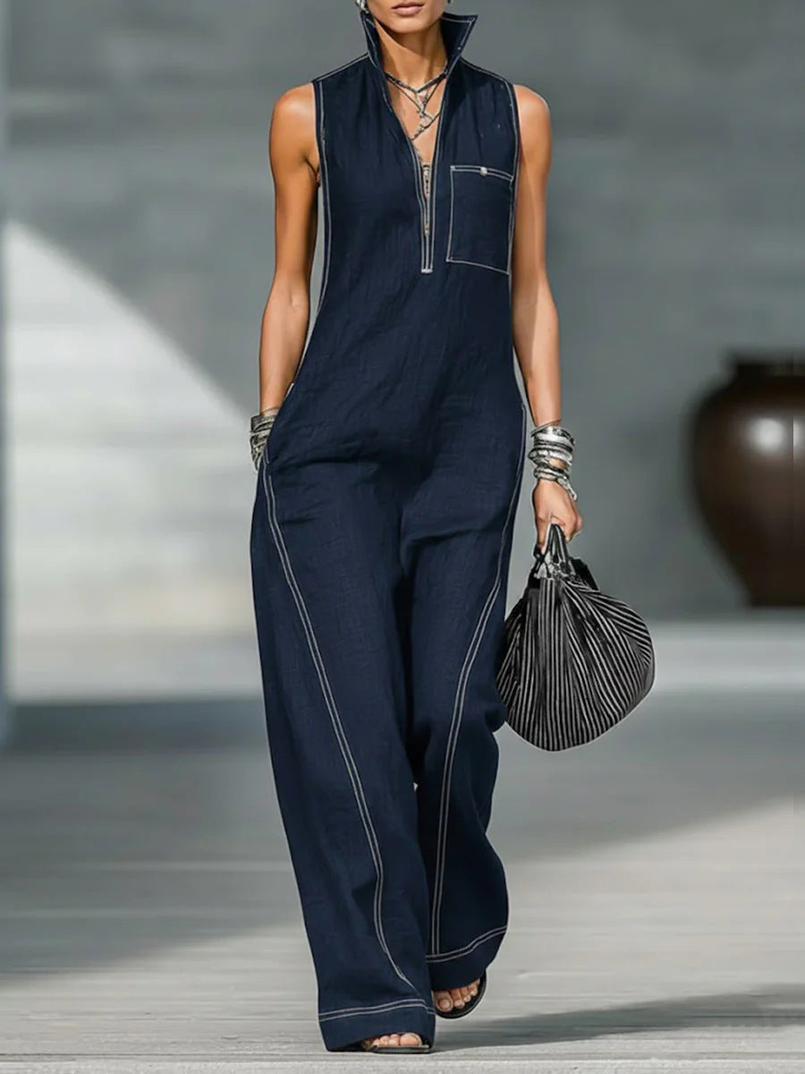 Stand-up Collar Jumpsuit With Pockets Summer Fashion Casual Sleeveless Jumpsuit Trousers Women's Clothing + 🚚 Free Worldwide Shipping 🎉 Extra 30% OFF At Checkout