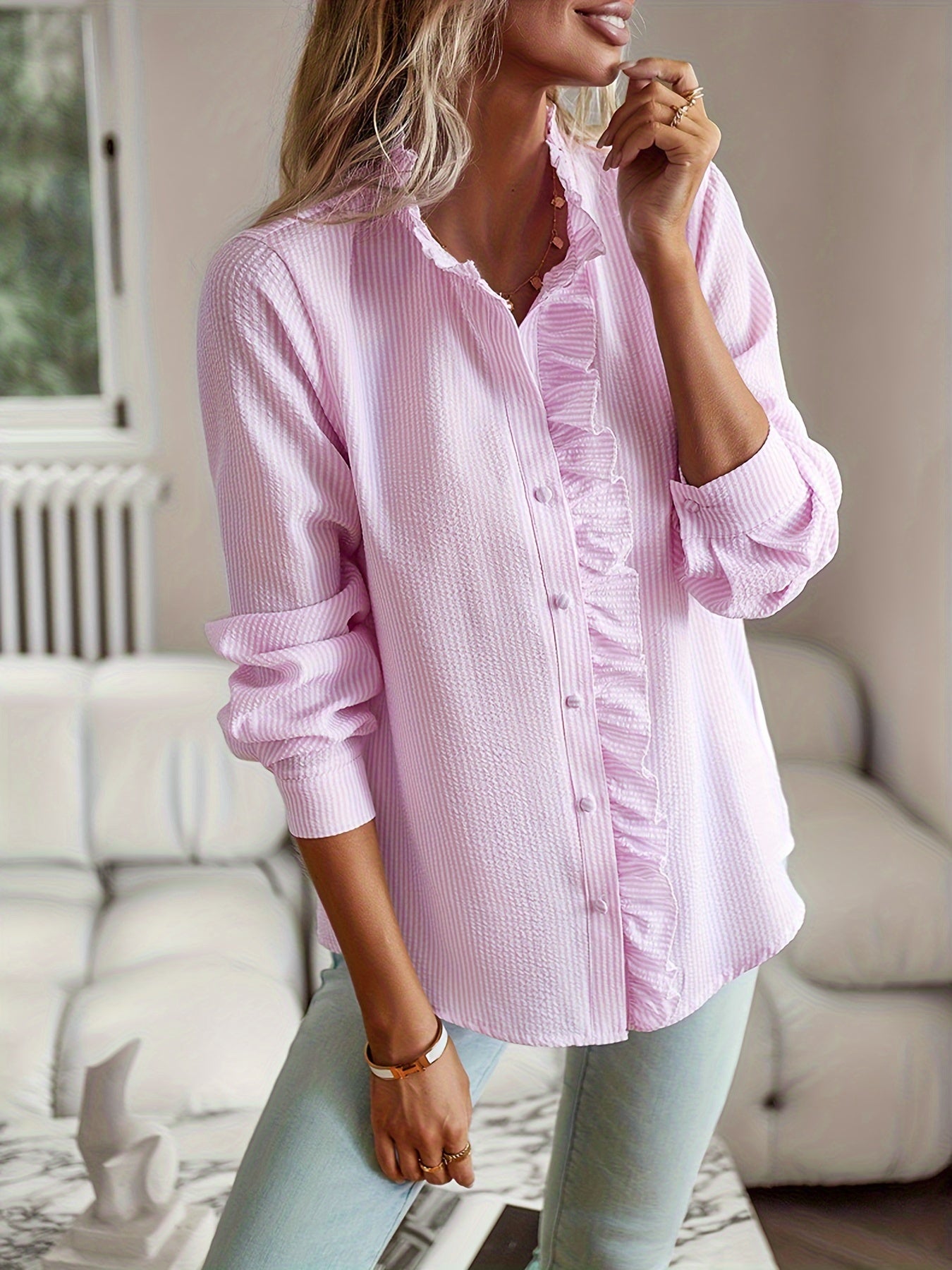 2026 New Western Style Cross-border Stand Collar Autumn Ruffled Cardigan Ruffle Long Sleeve Bubble Top Women's Shirt 🚚 Free Worldwide Shipping 🎉 Extra 30% OFF At Checkout