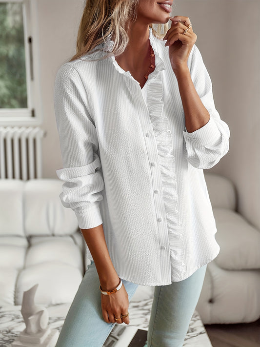 2026 New Western Style Cross-border Stand Collar Autumn Ruffled Cardigan Ruffle Long Sleeve Bubble Top Women's Shirt 🚚 Free Worldwide Shipping 🎉 Extra 30% OFF At Checkout