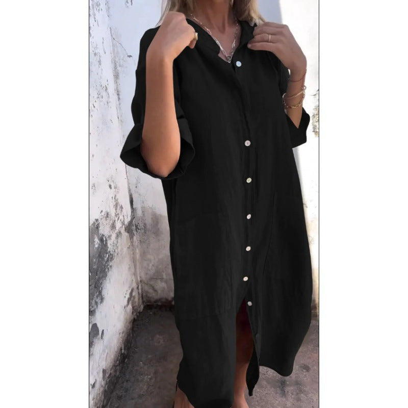 Women’s Cotton Linen Shirt Dress – Loose Casual Half Sleeve A-Line Summer Dress | Breathable, Comfortable, Plus Size + 🚚 Free Worldwide Shipping 🎉 Extra 30% OFF At Checkout