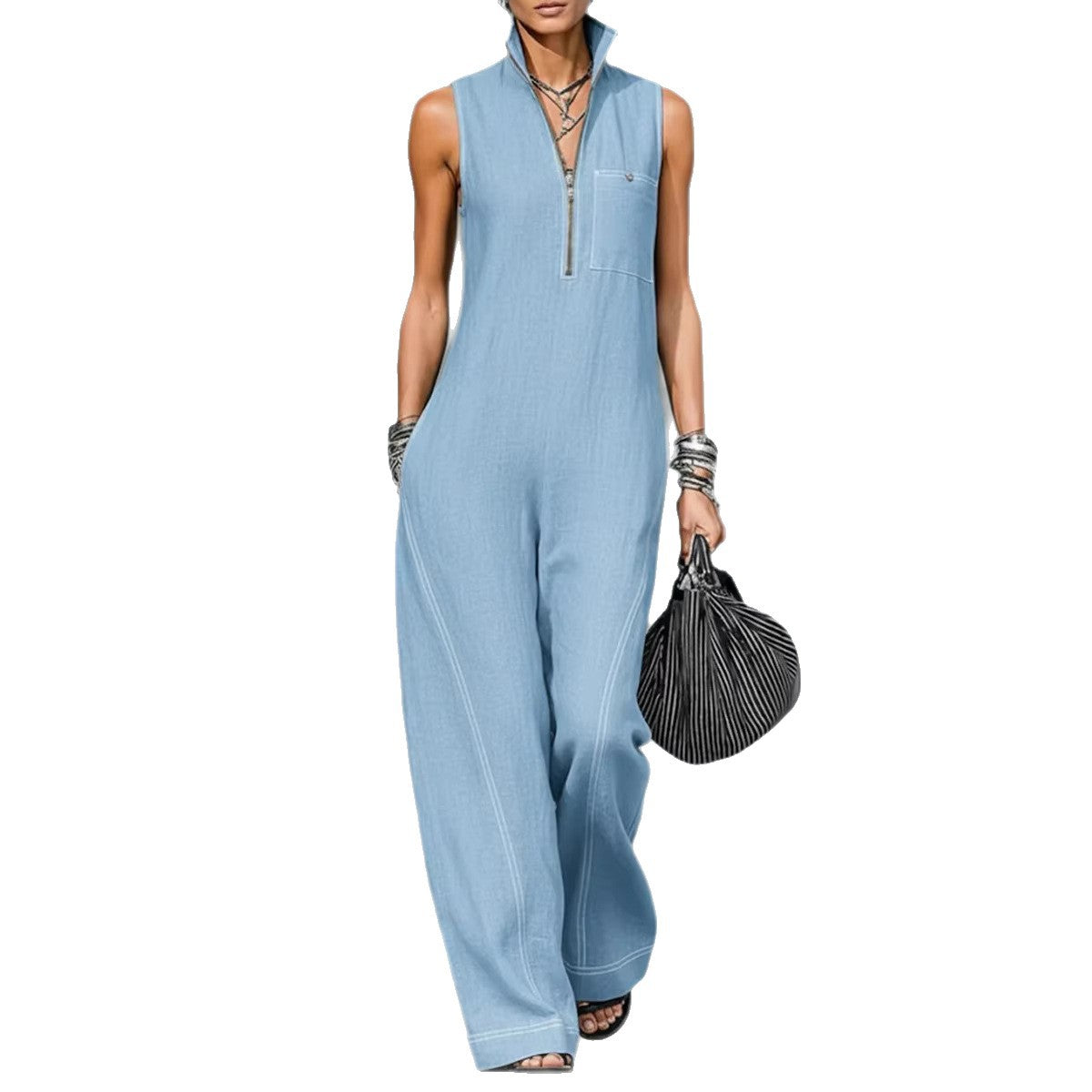 Stand-up Collar Jumpsuit With Pockets Summer Fashion Casual Sleeveless Jumpsuit Trousers Women's Clothing + 🚚 Free Worldwide Shipping 🎉 Extra 30% OFF At Checkout