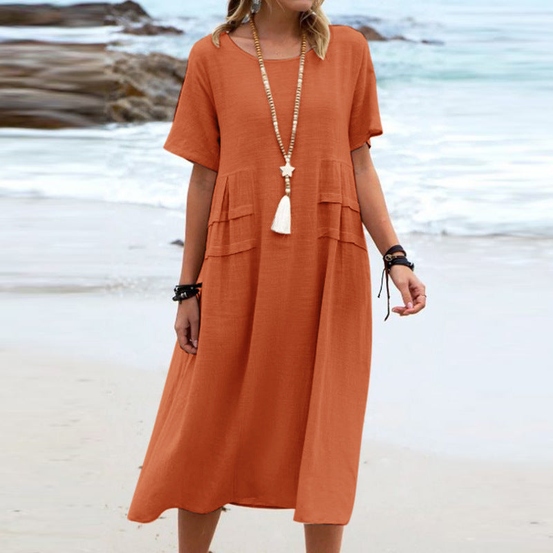 Women's Summer Loose Casual Midi Dress Breathable Cotton Linen Short-sleeve Mid-length Dresses Women Simple Beach Dress + 🚚 Free Worldwide Shipping 🎉 Extra 30% OFF At Checkout