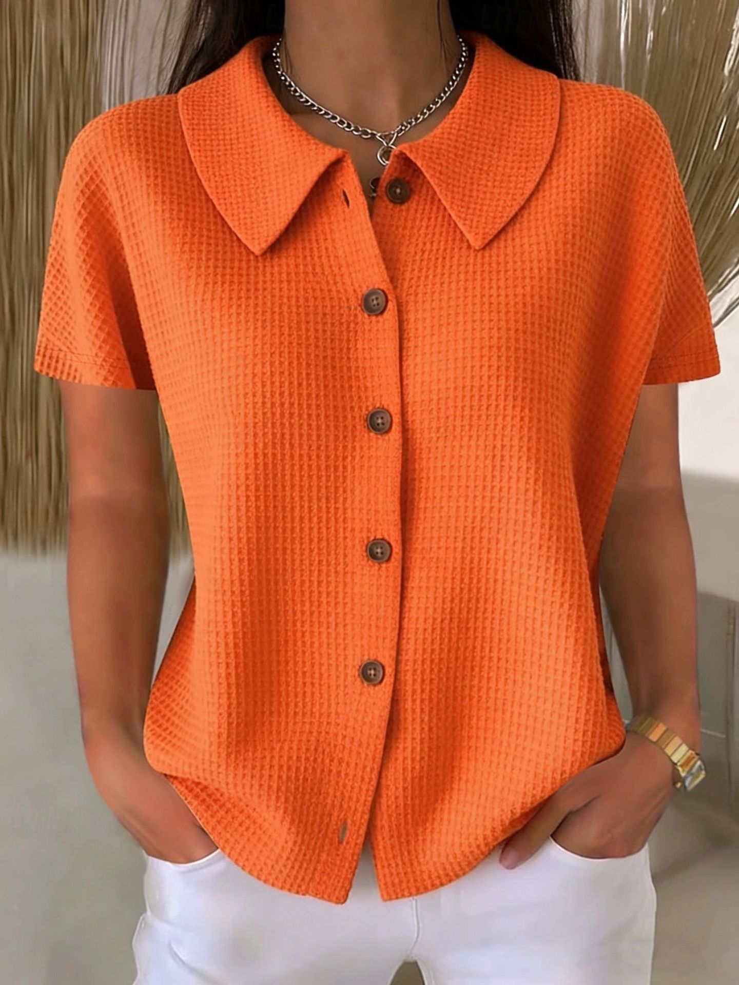 Turn-Down Collar Waffle Weave Solid Color Casual Loose Fit Short Sleeve Shirt - Women's Cotton Blend Lightweight Summer Top For Daily Wear + 🚚 Free Worldwide Shipping 🎉 Extra 30% OFF At Checkout