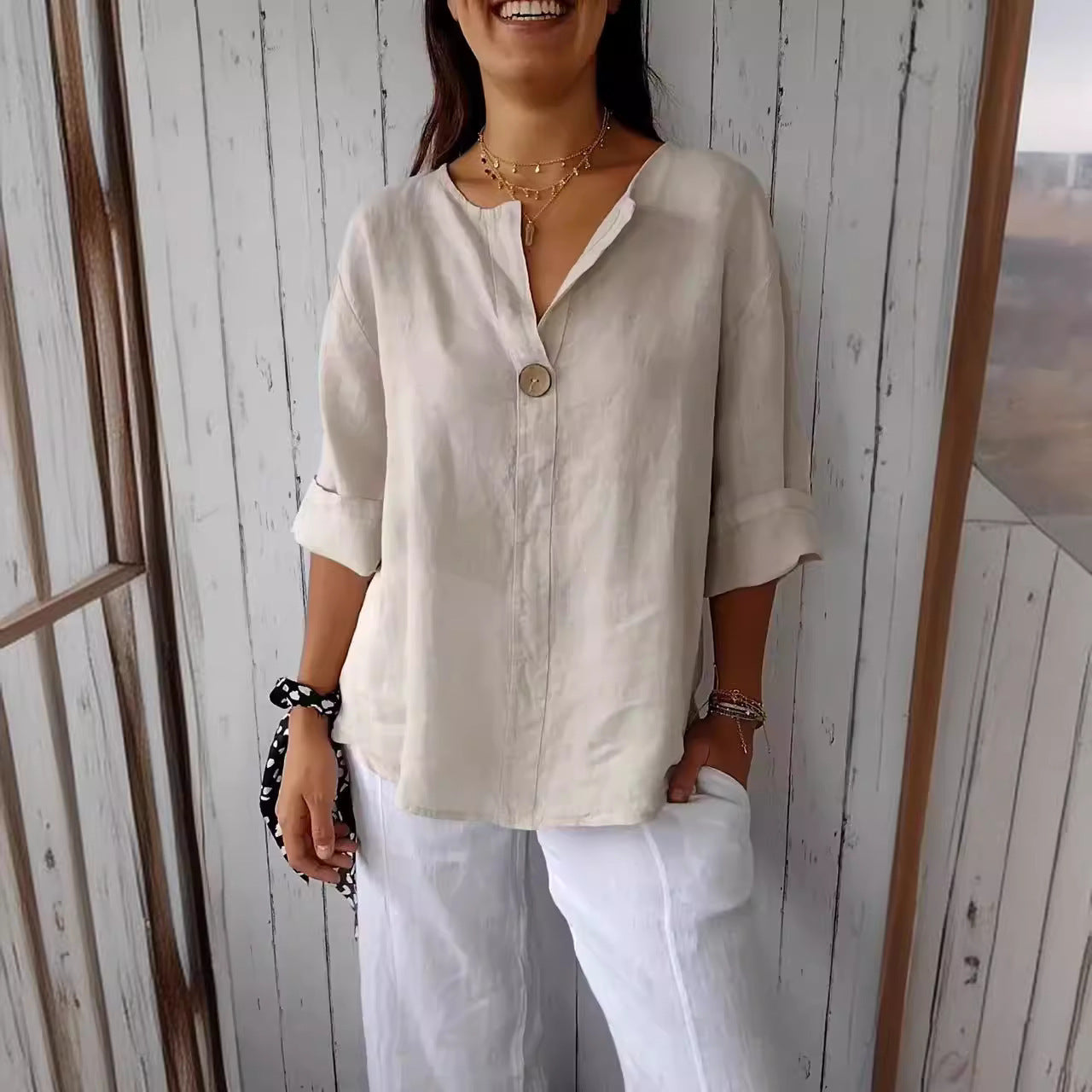 V-neck Long-sleeved T-shirt Fashion Loose Cotton And Linen Button Tops For Women + 🚚 Free Worldwide Shipping 🎉 Extra 30% OFF At Checkout