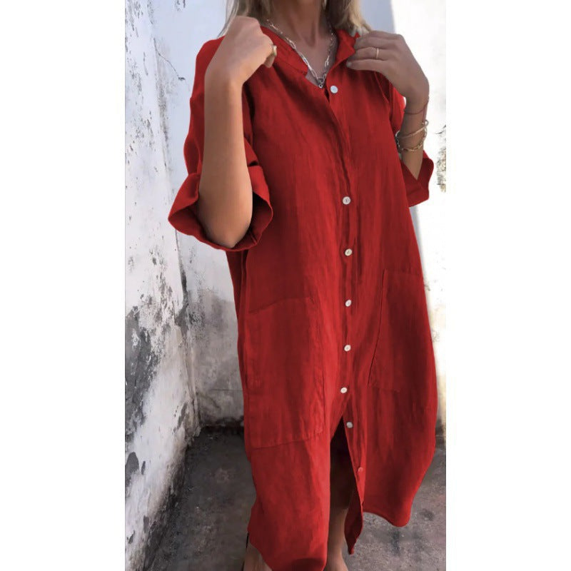 Women’s Cotton Linen Shirt Dress – Loose Casual Half Sleeve A-Line Summer Dress | Breathable, Comfortable, Plus Size + 🚚 Free Worldwide Shipping 🎉 Extra 30% OFF At Checkout