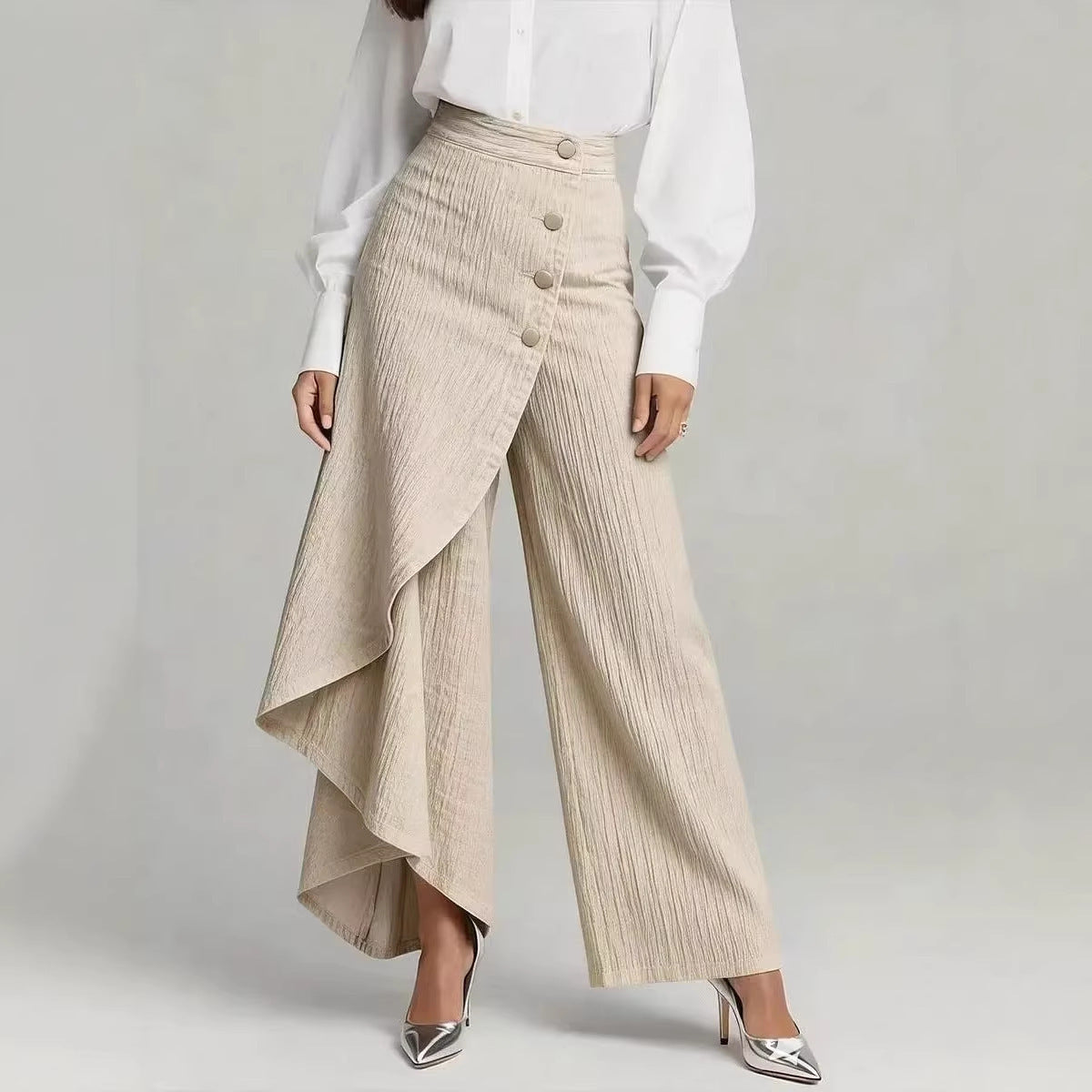 Women’s High-Waisted Straight Leg Faux Denim Pants – Ruffle Button Wide-Leg Trousers | Trendy Streetwear Jeans Alternative + 🚚 Free Worldwide Shipping 🎉 Extra 30% OFF At Checkout
