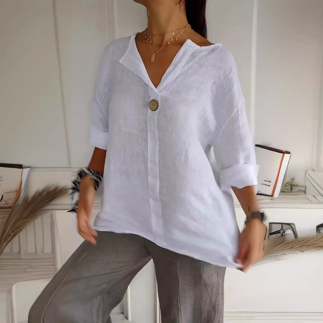 V-neck Long-sleeved T-shirt Fashion Loose Cotton And Linen Button Tops For Women + 🚚 Free Worldwide Shipping 🎉 Extra 30% OFF At Checkout