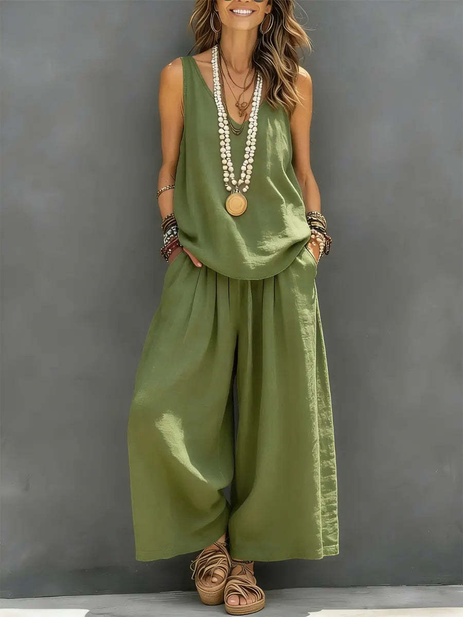 Women’s Cotton Linen Two Piece Set – Sleeveless Tank Top & Wide Leg Pants Summer Outfit (Casual Holiday Loungewear Set) + 🚚 Free Worldwide Shipping